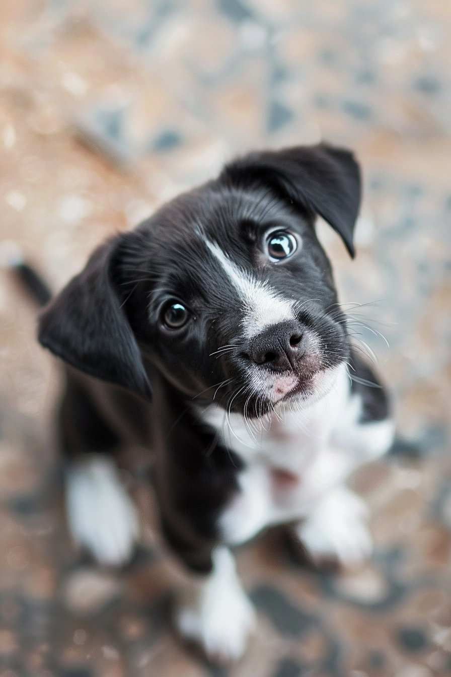 Puppy gazing upward with soulful eyes and soft shadows