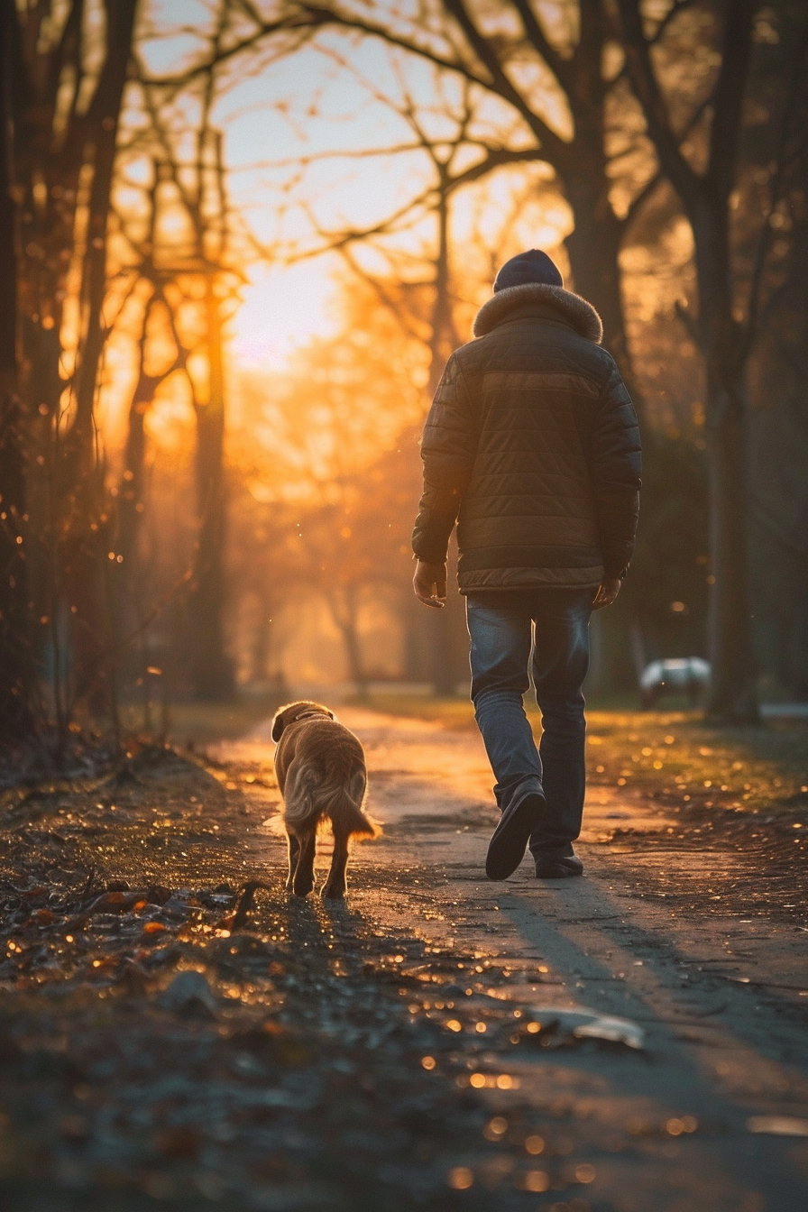 Dog and owner walking at sunset with long shadows