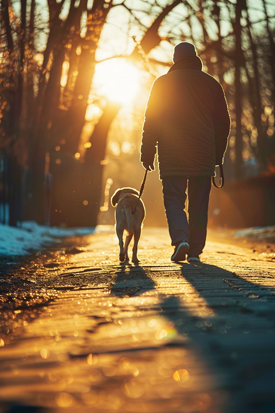Dog walking slowly beside owner at sunset with long shadows