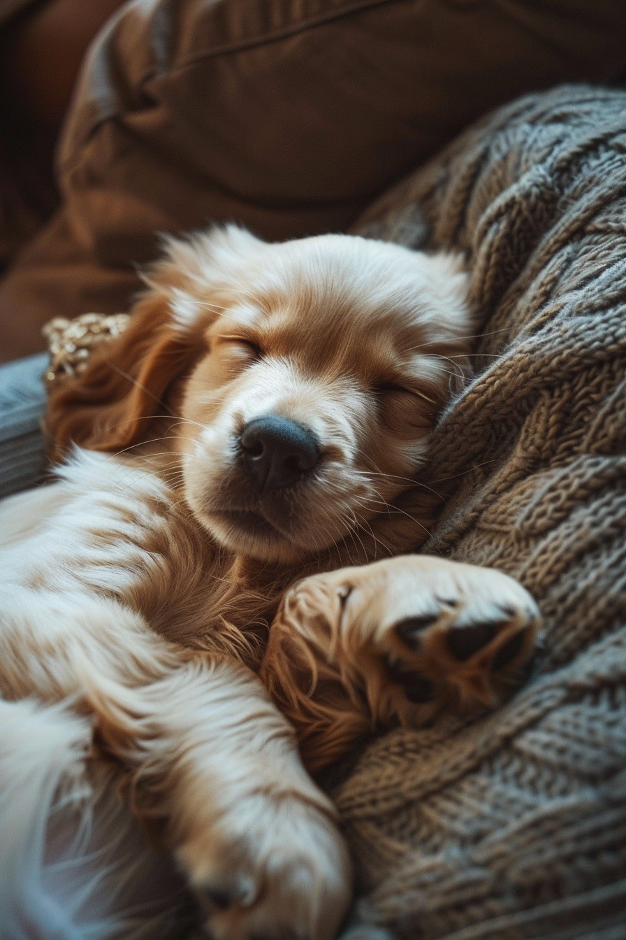 Puppy sleeping on lap in soft lighting cozy atmosphere