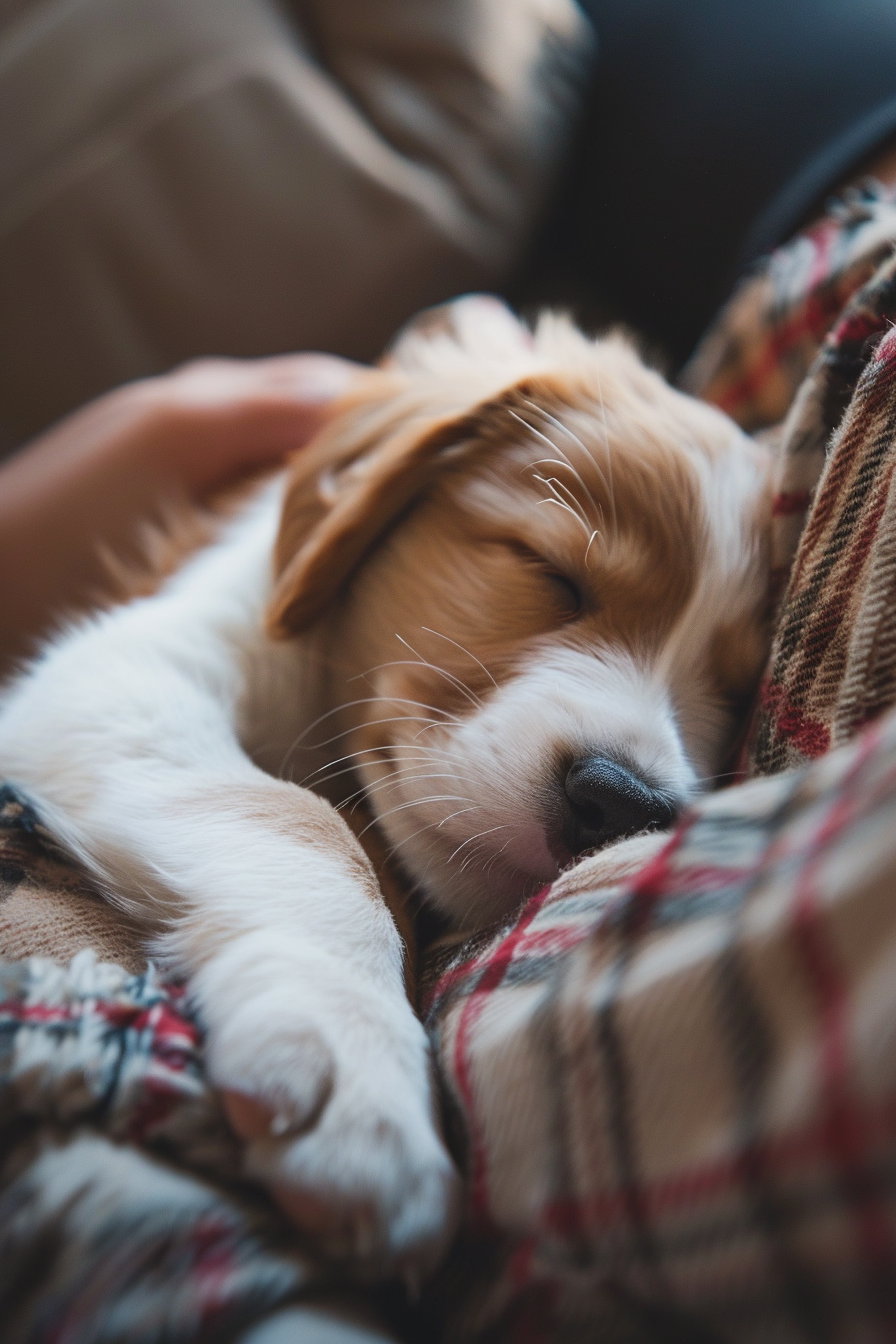 Puppy sleeping on lap in soft, cozy lighting