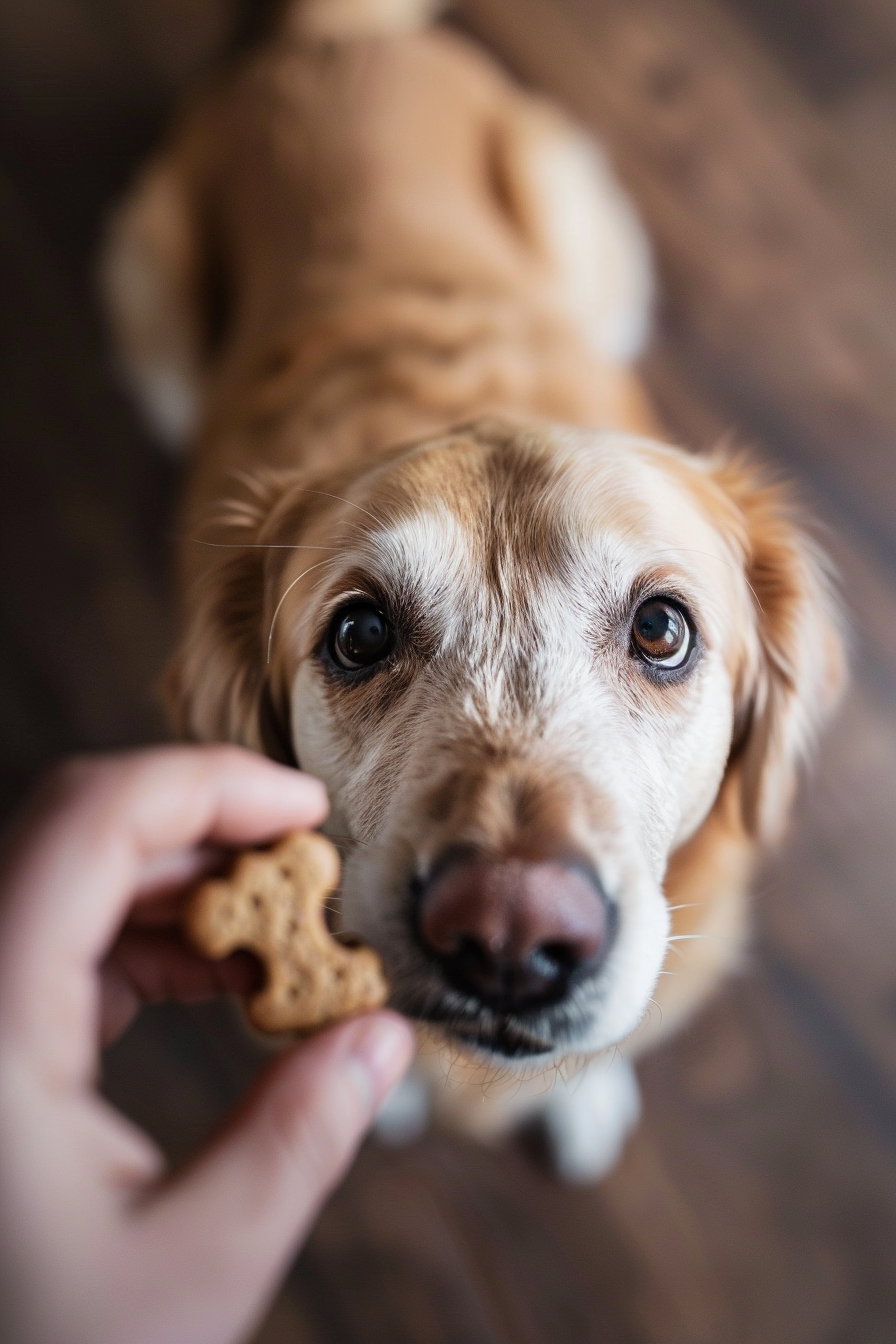 Dog with big eyes gazing up at treat in soft light