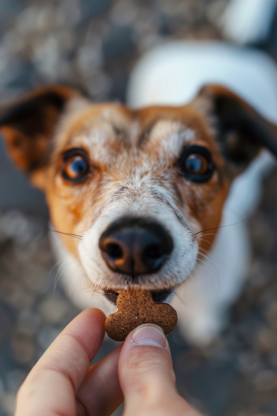 Dog with big eyes gazing up at treat in soft light