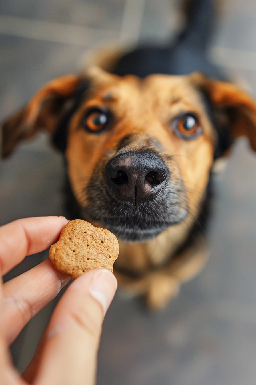 Dog gazing up with big eyes, treat in hand