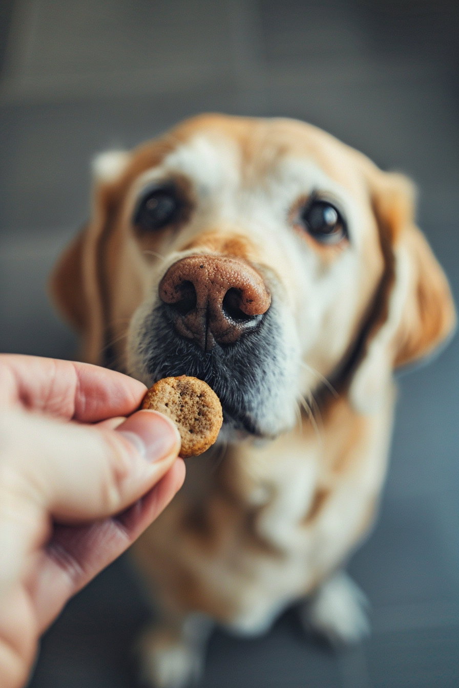 Dog with big eyes gazing up at treat in soft light