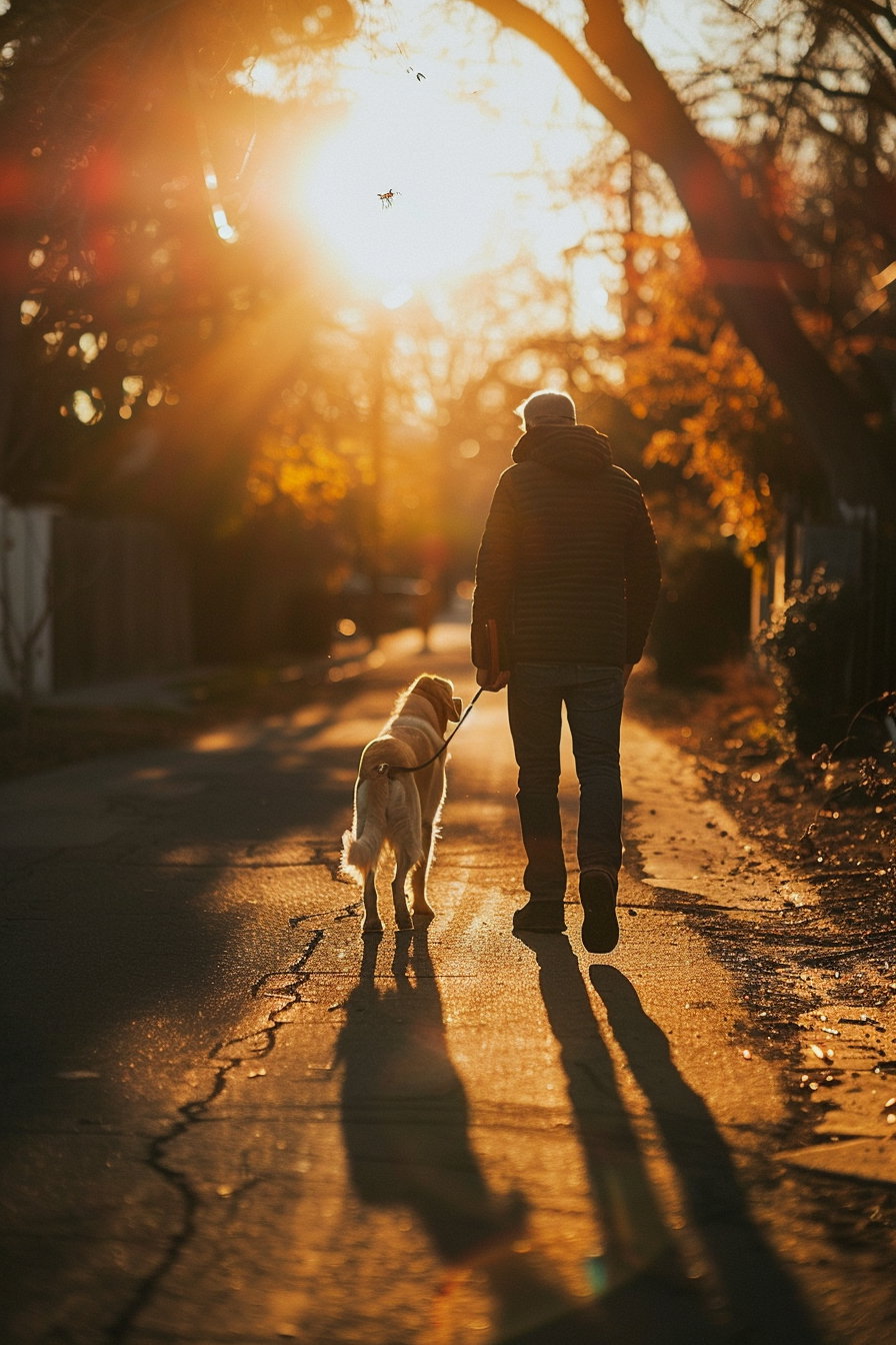 Walking a dog on a quiet sunset street with long shadows