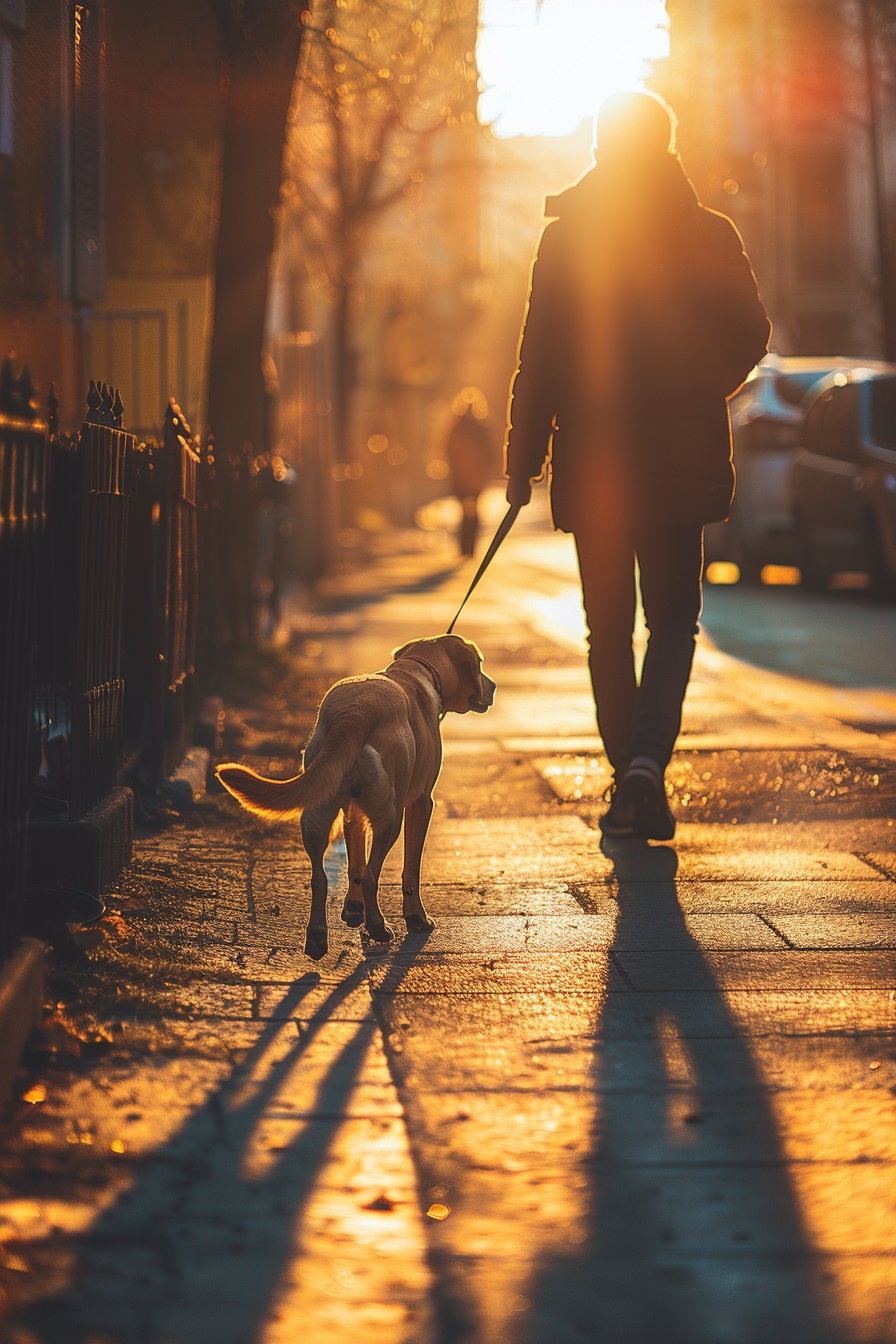 Dog walking on quiet street at sunset with long shadows