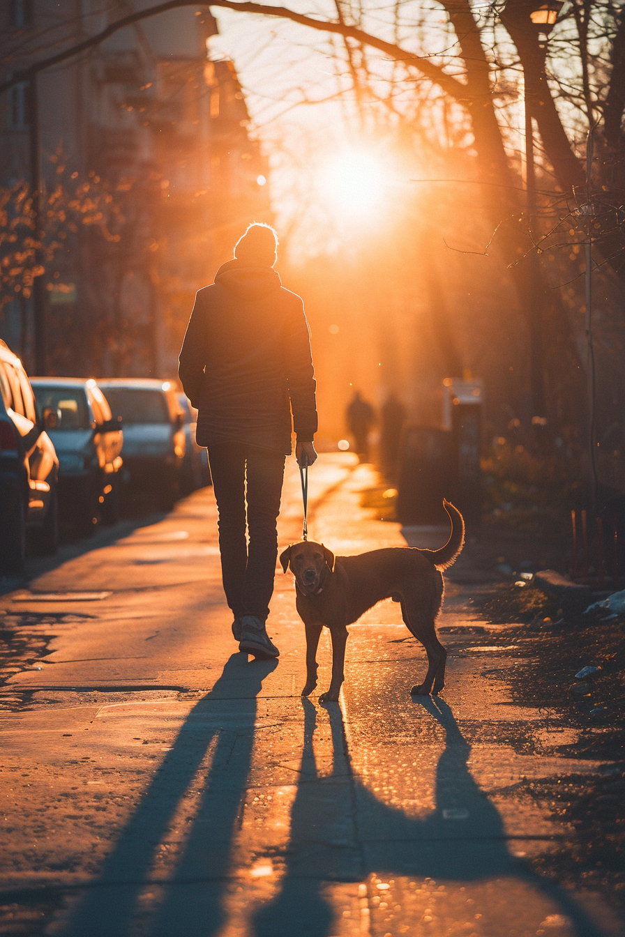 Dog walking on a quiet street at sunset with warm tones