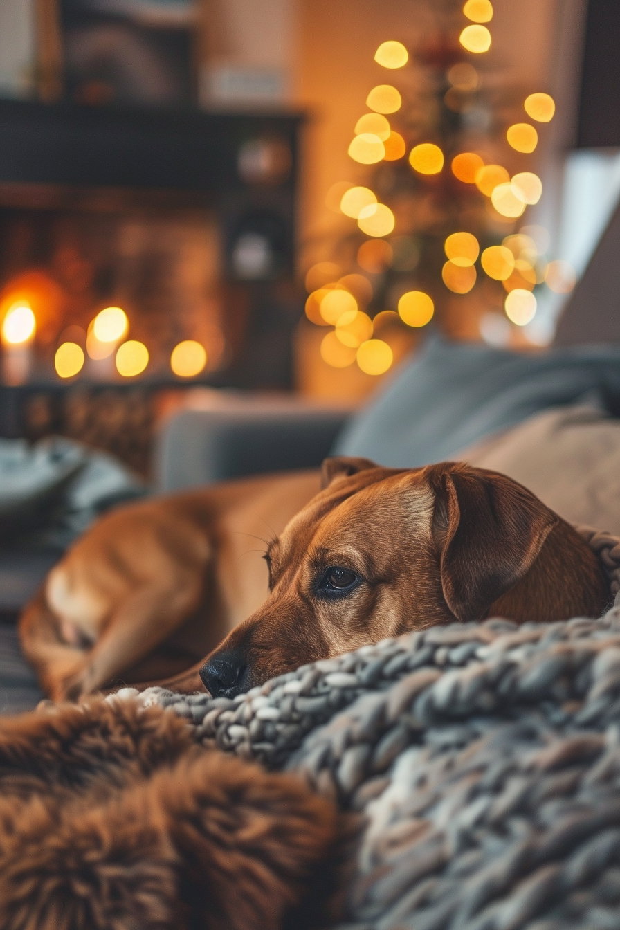 Cozy dog sitting beside owner on couch watching TV