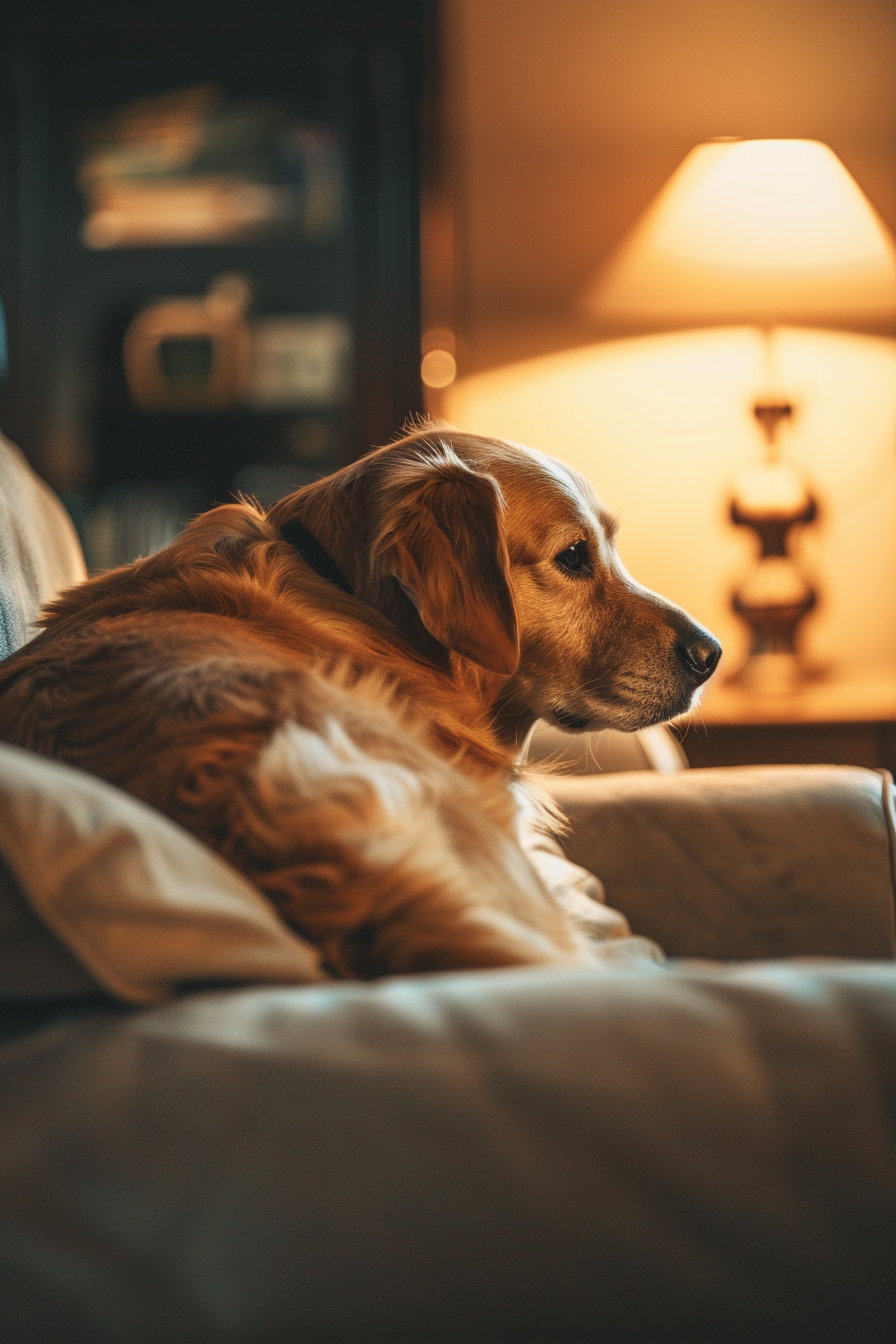 Cozy dog on couch watching TV in relaxed living room