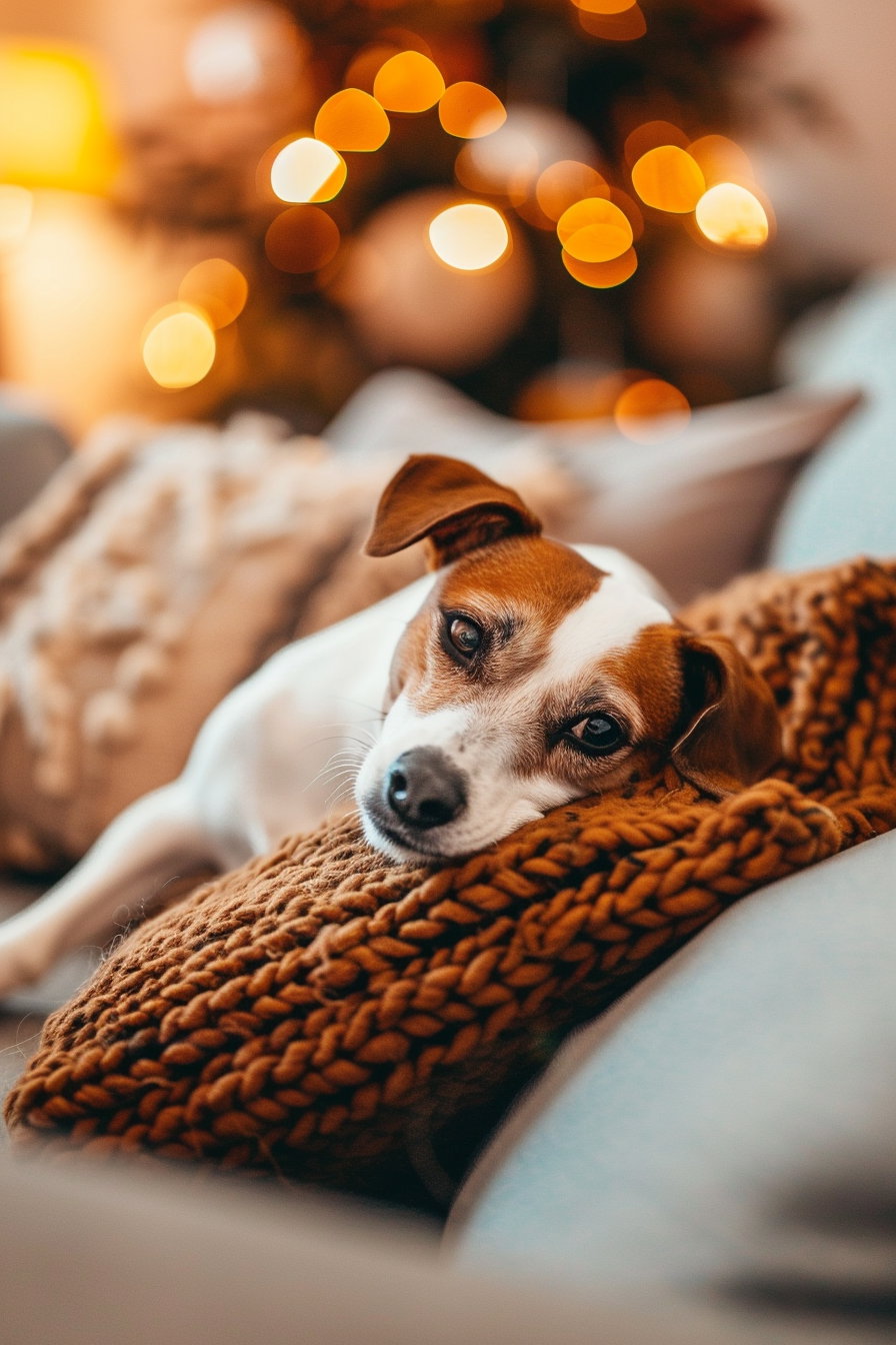 Cozy dog on couch watching TV in relaxed setting