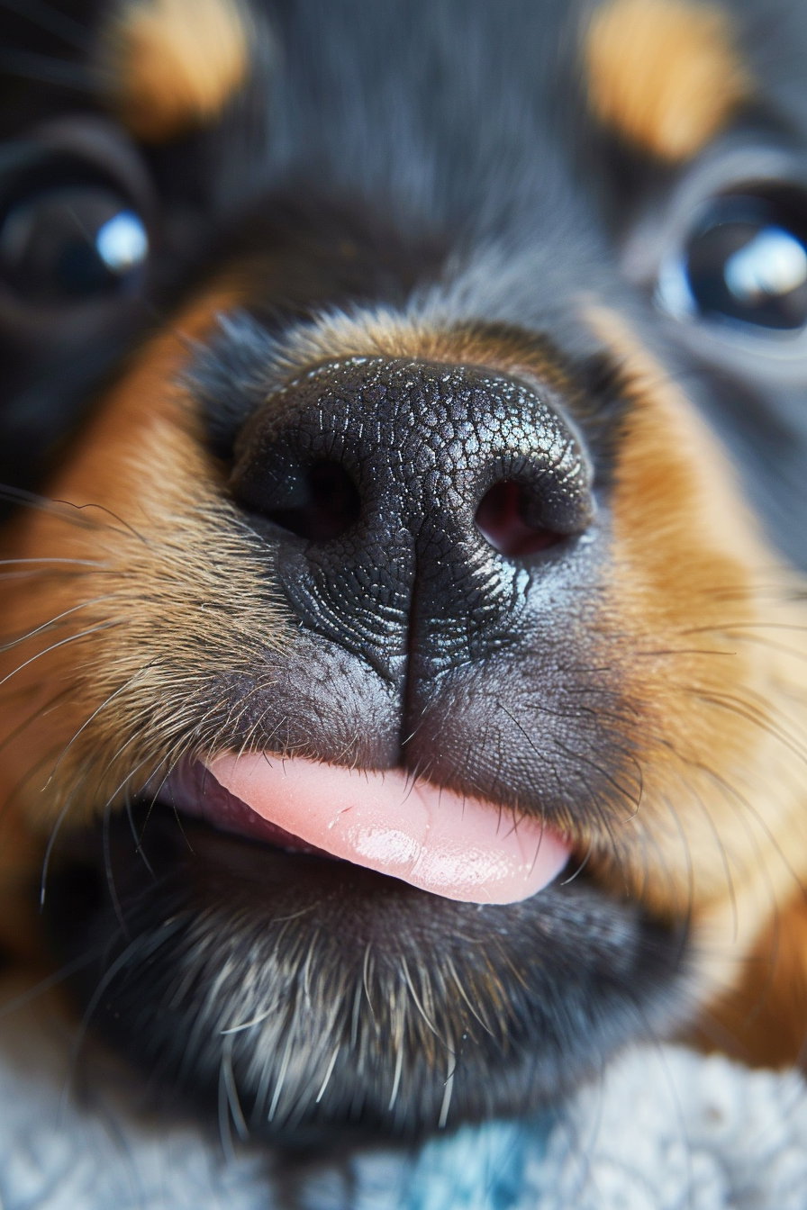 Close-up of playful puppy licking face in soft light