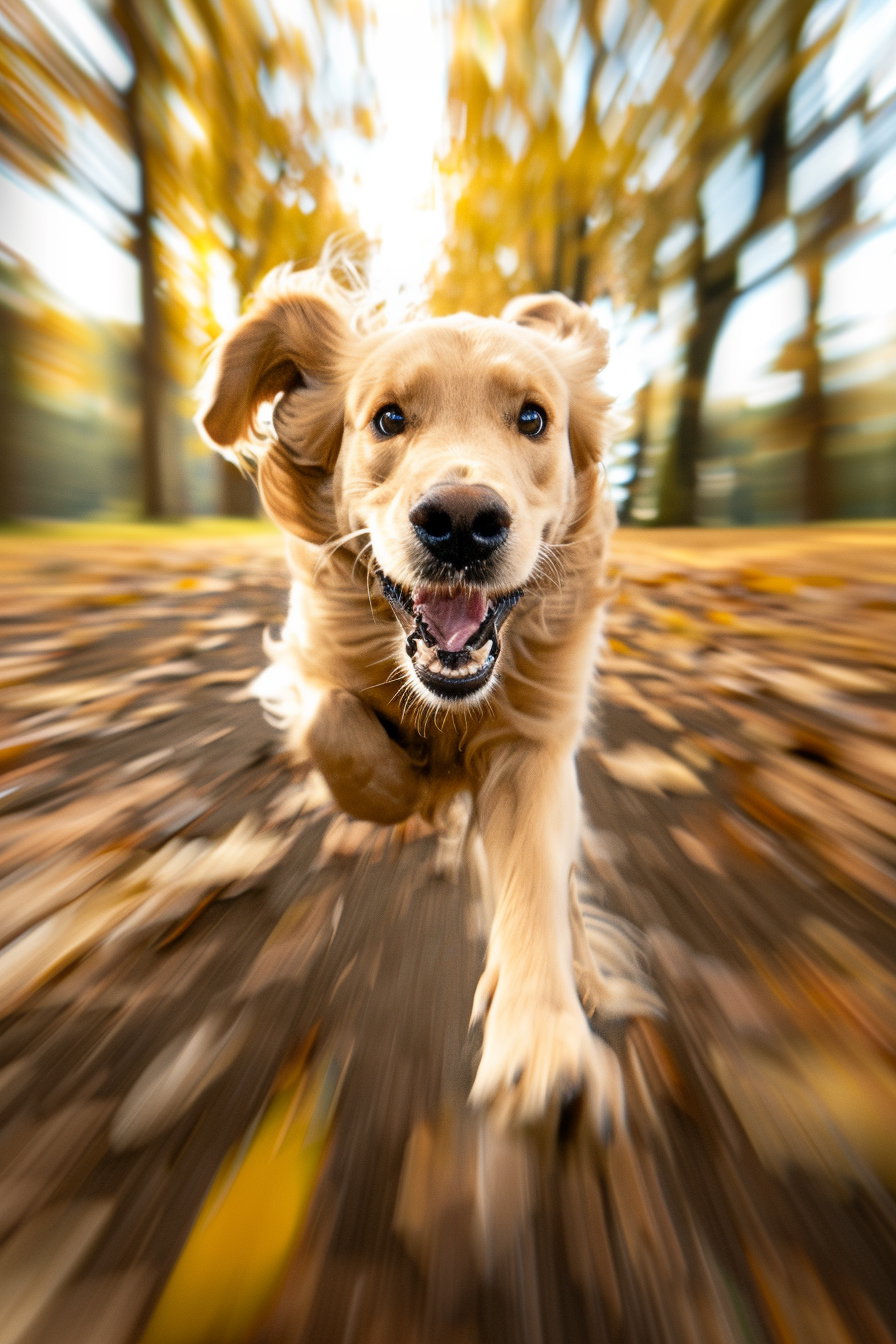 Joyful dog running toward you in a sunlit park