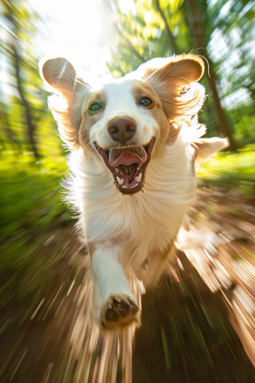 Dog joyfully running toward camera in sunny park