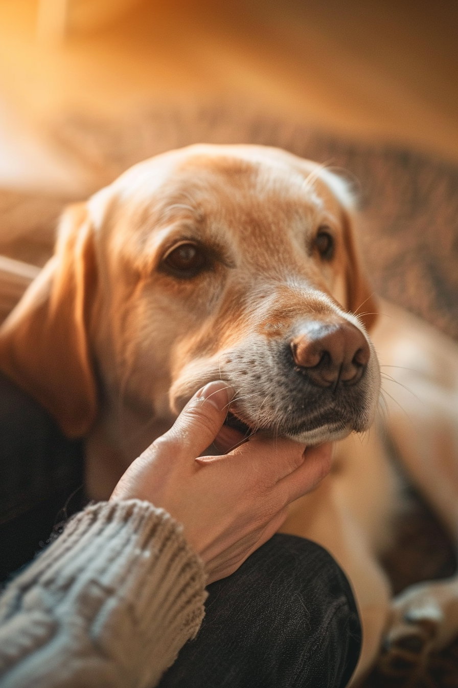 Dog resting paw on hand in warm, emotional moment