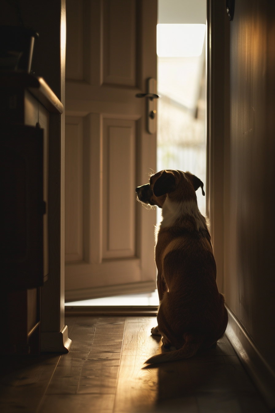 Dog waiting by the door in soft indoor light