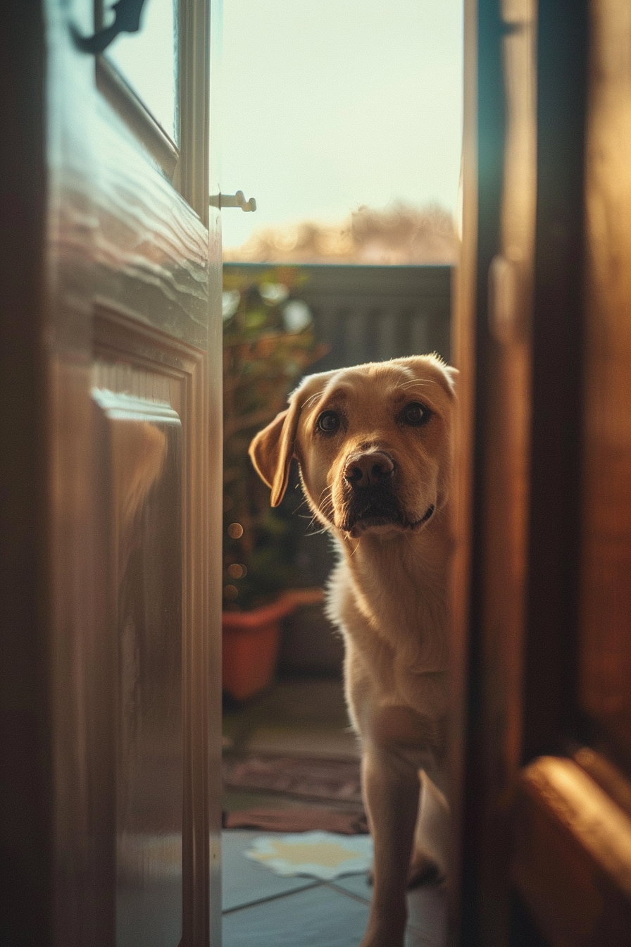 Dog waiting at the door with hopeful eyes indoors