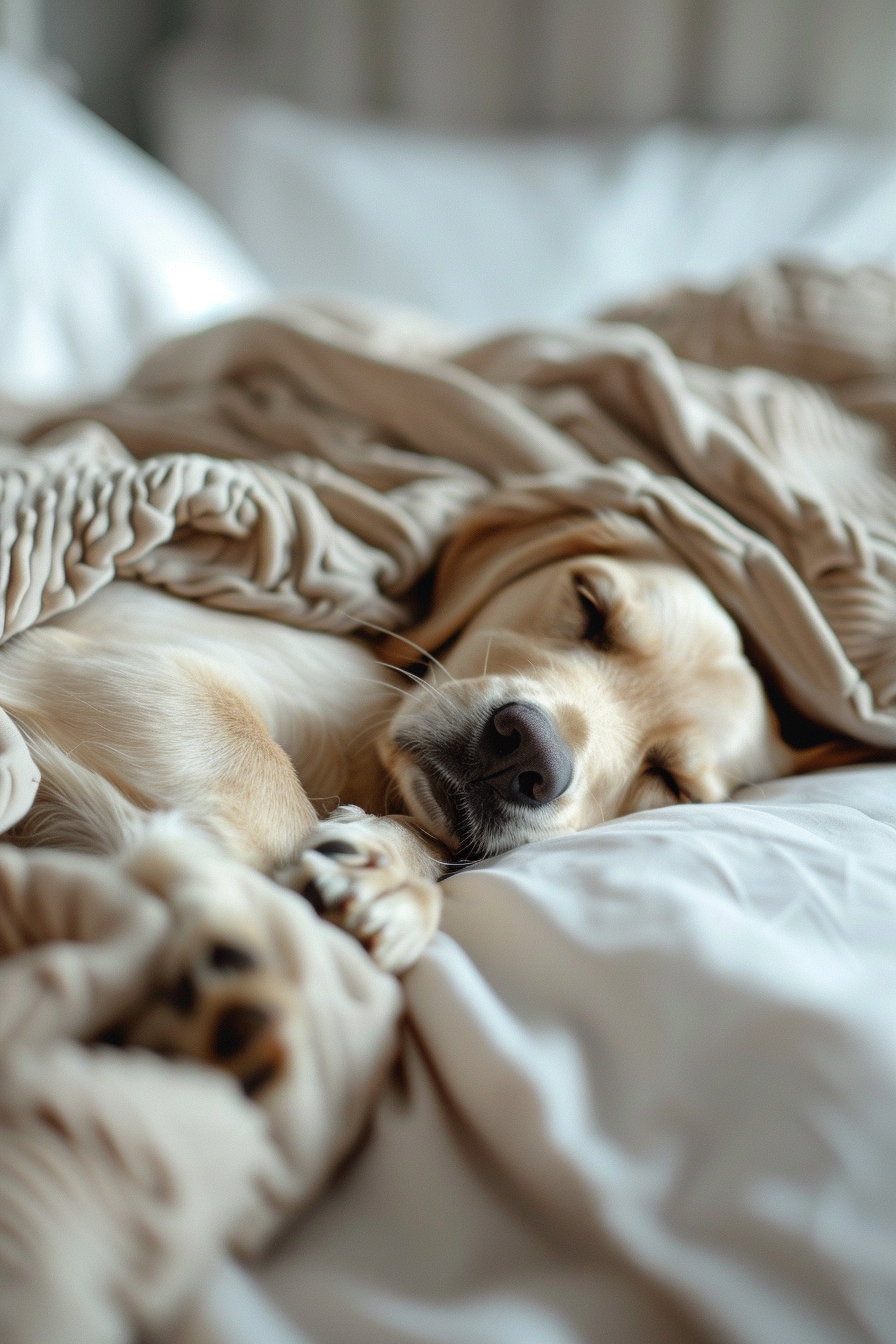 Cozy morning scene with puppy sleeping in bed