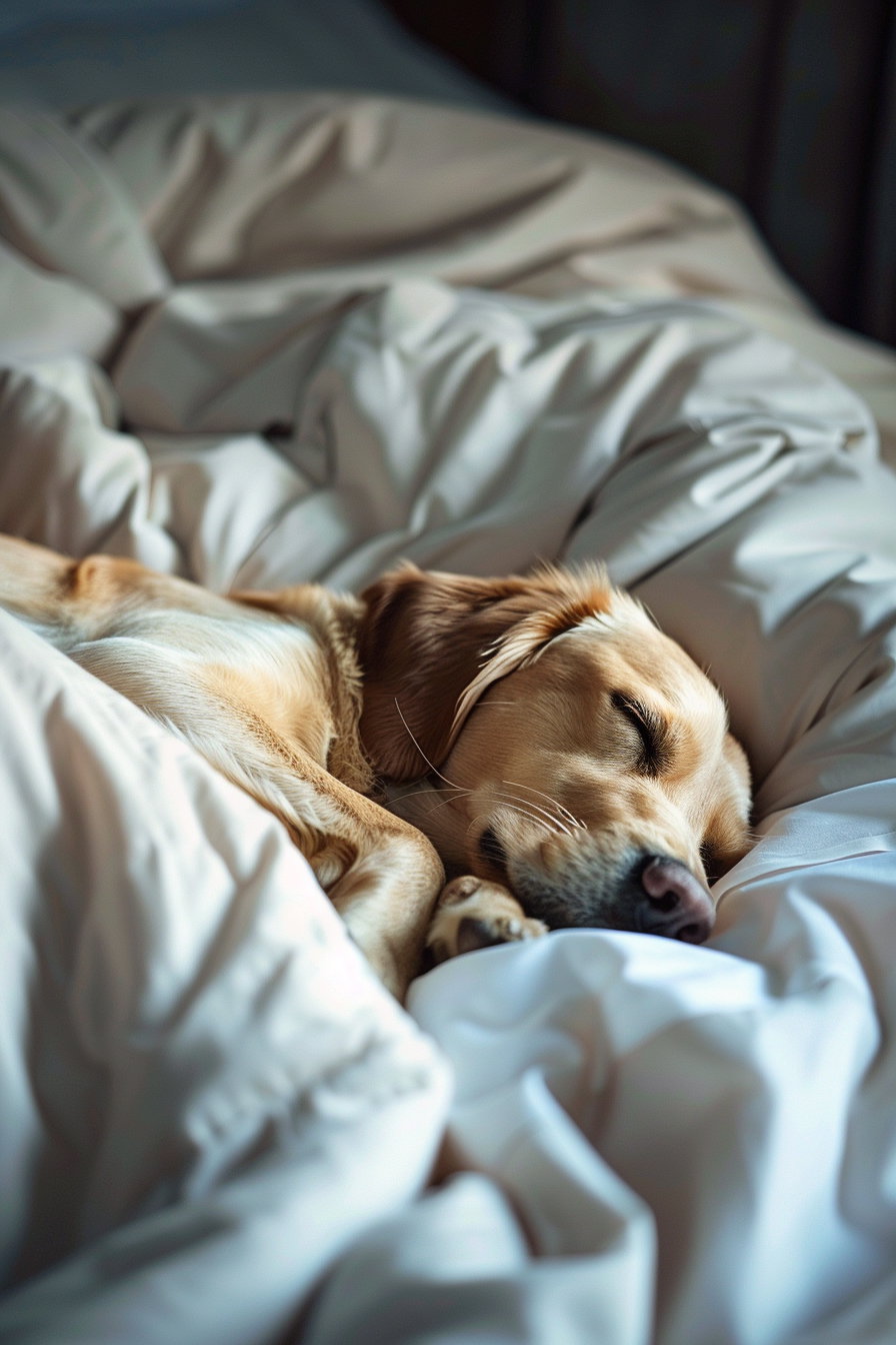 Cozy morning scene with puppy sleeping in bed