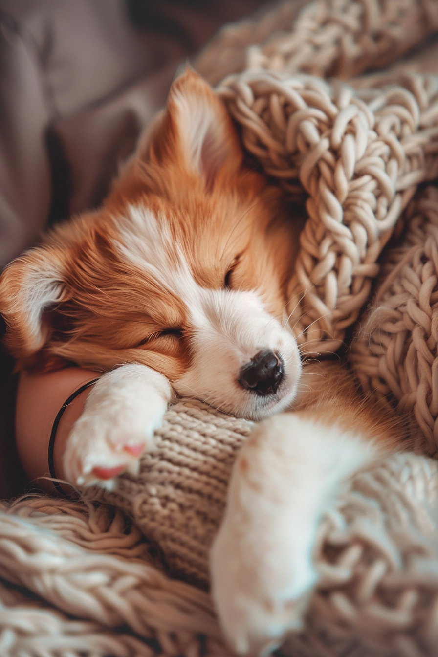 Puppy cuddles owner's arm while sleeping in warm tones