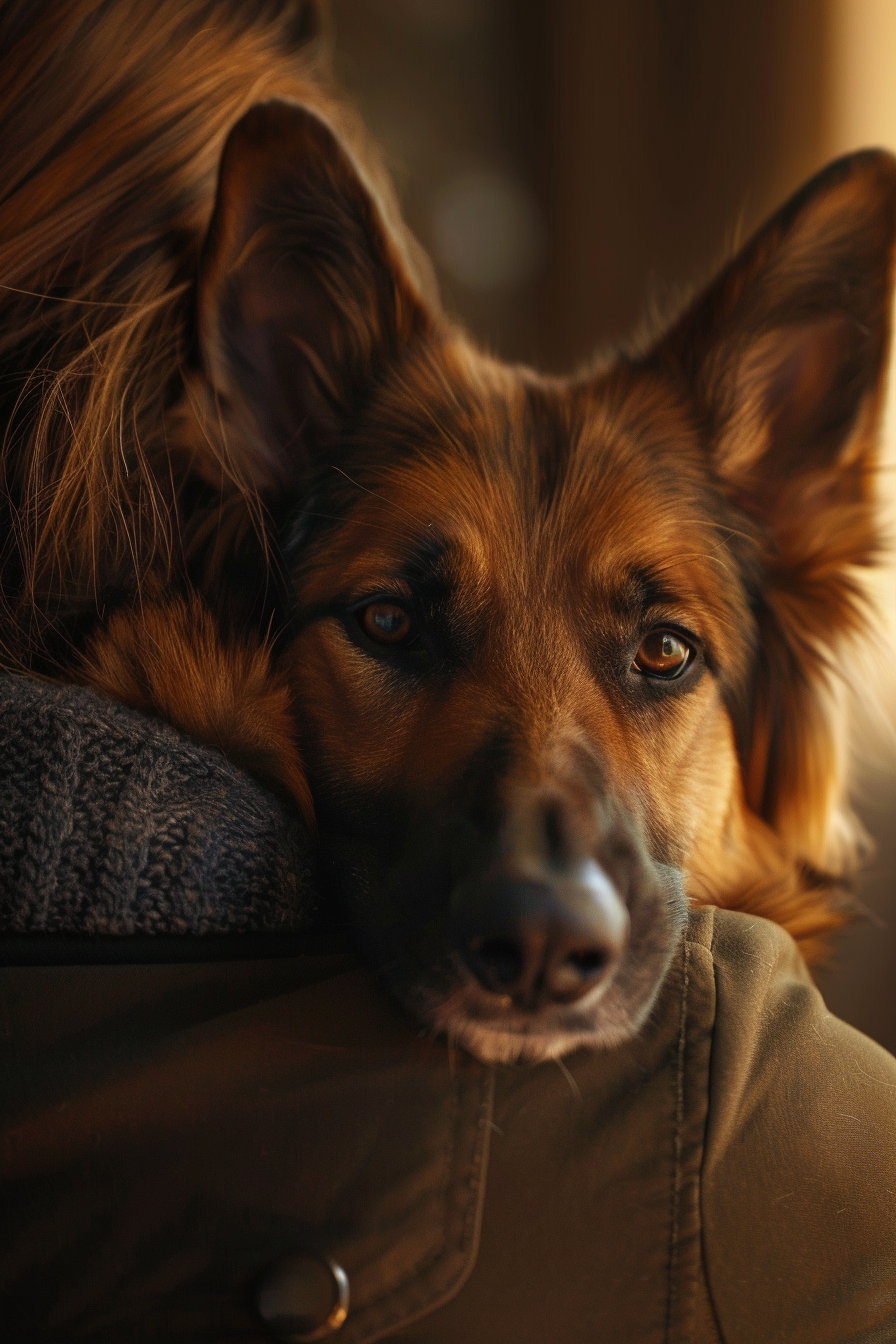 Dog resting head on owner's shoulder in soft lighting