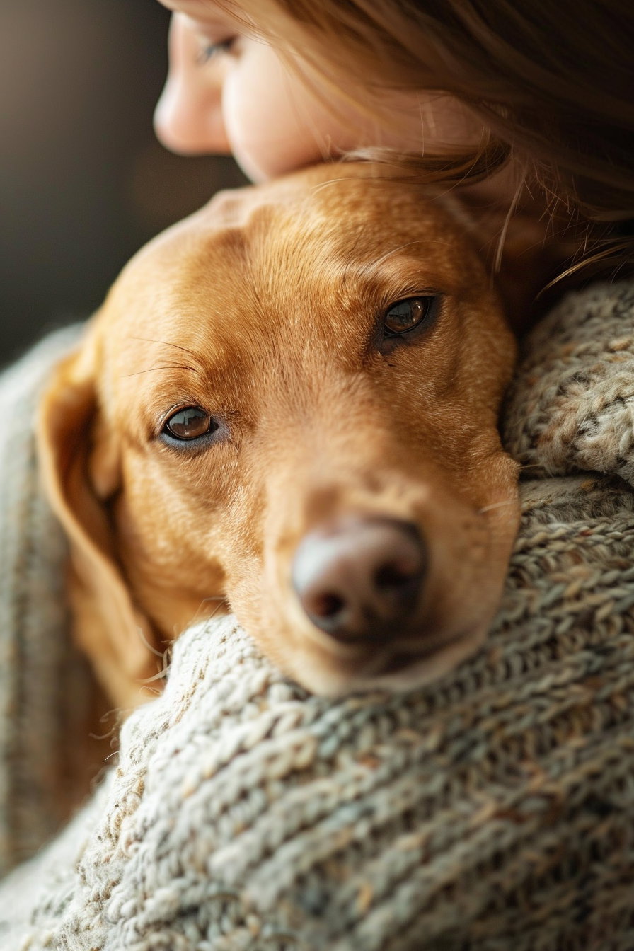 Dog resting head on owner's shoulder in soft lighting