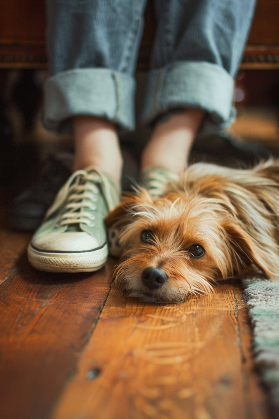 Dog lying beside owner's shoes in warm light