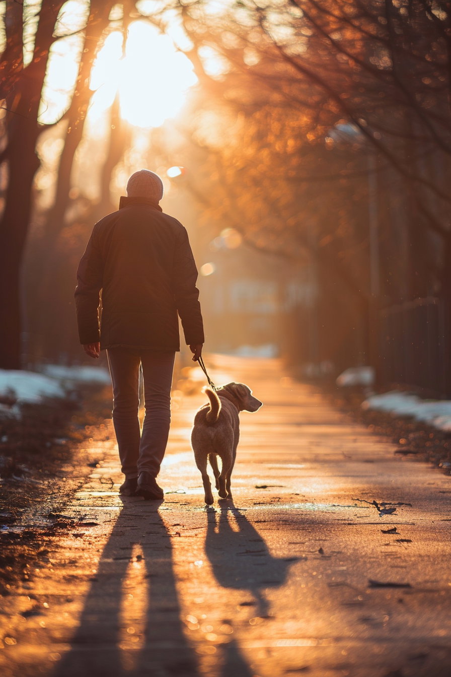 Dog walking beside owner at sunset with long shadows