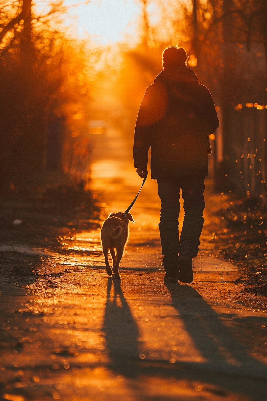 Dog and owner walking at sunset with long shadows