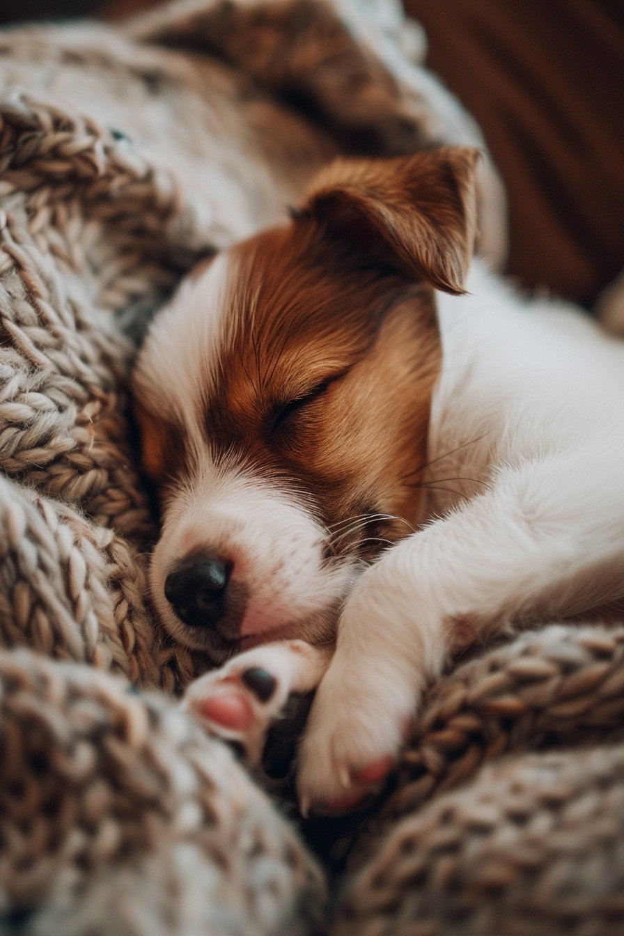Puppy sleeping on lap in soft, cozy lighting