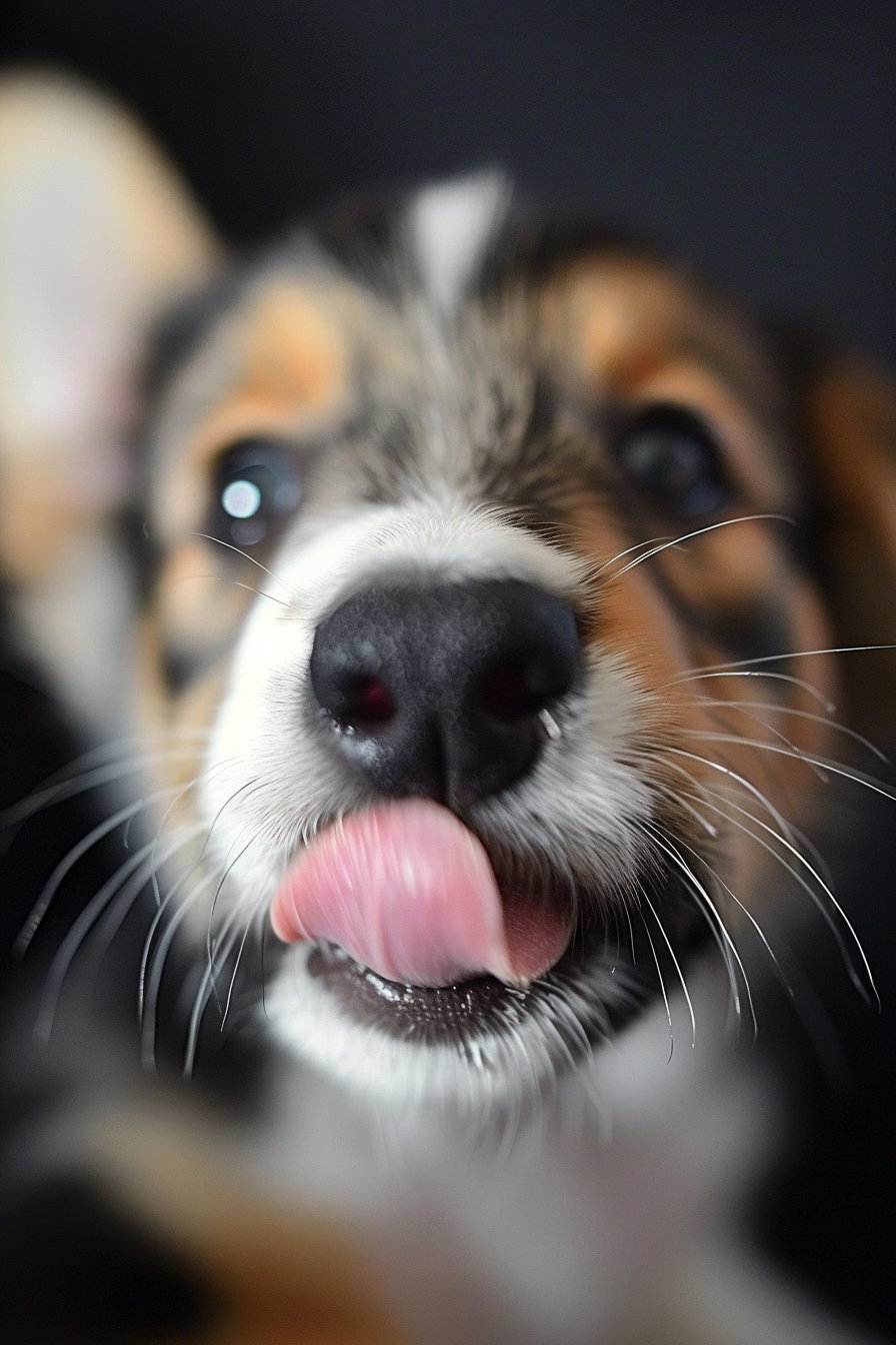 Close-up of playful puppy licking face in soft light