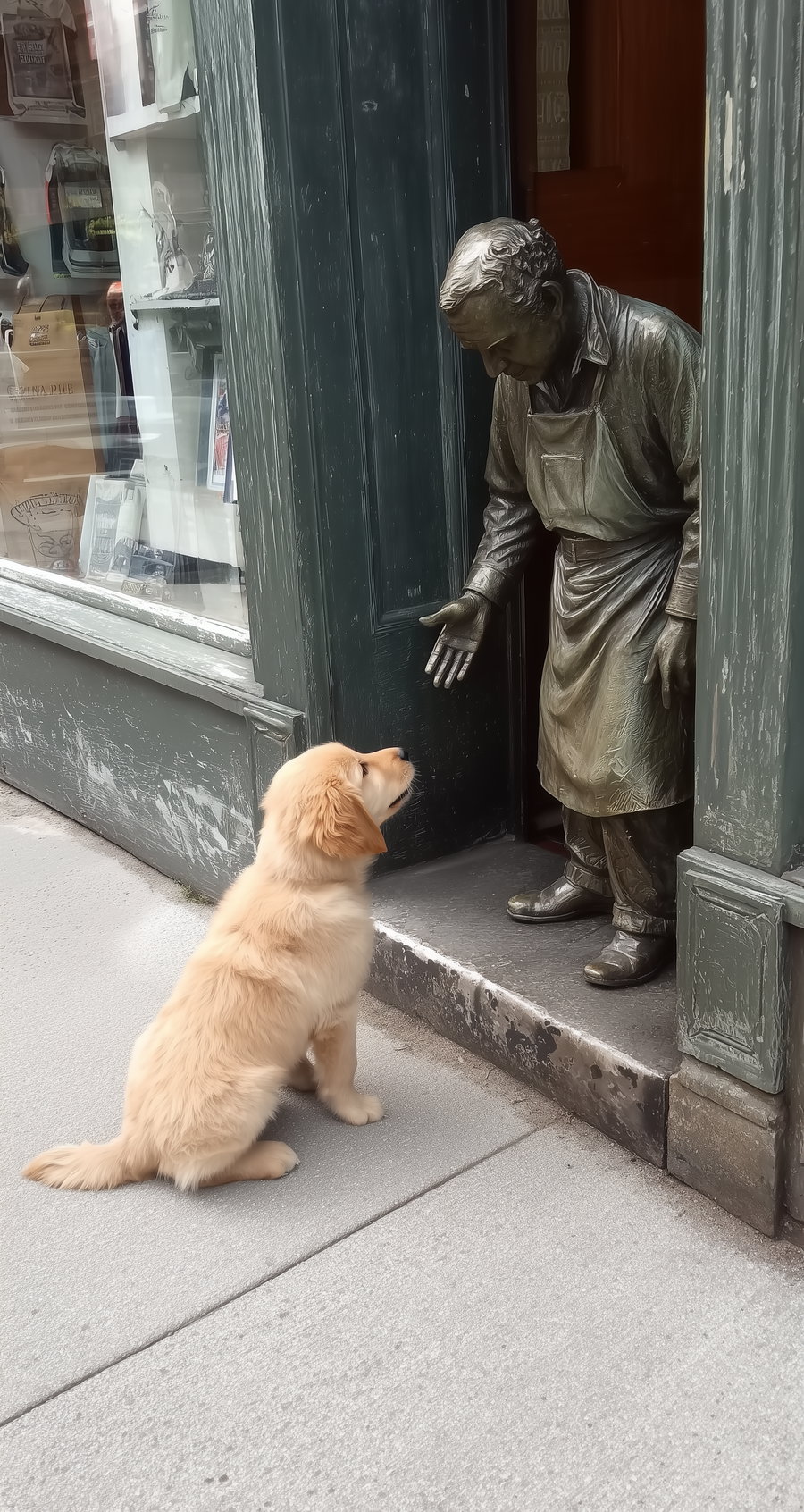 Golden retriever puppy touches statue outside store