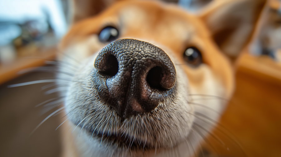 Close-up of Shiba Inu nose sniffing camera lens