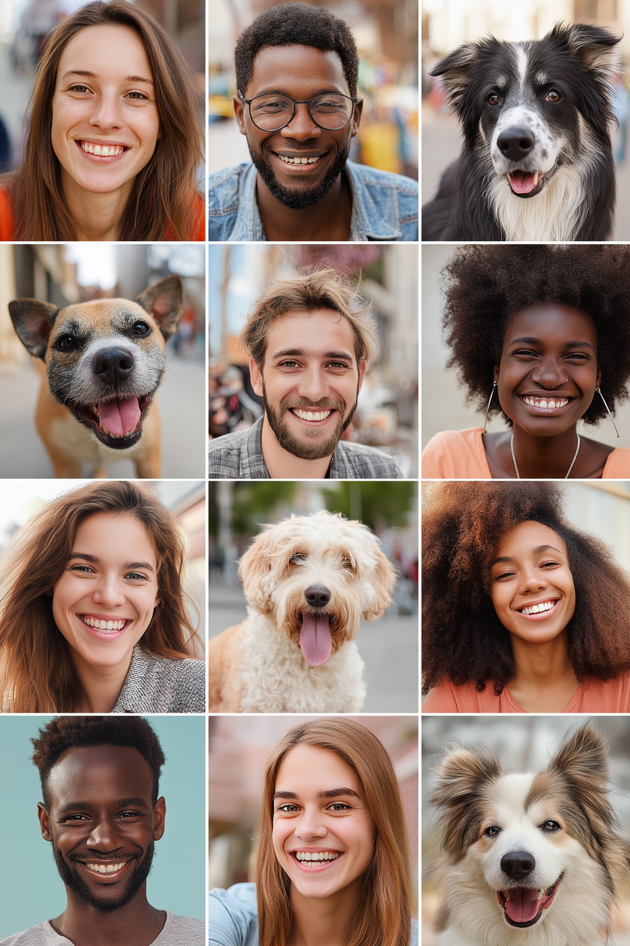 Collage of smiling dog owners with their happy pets