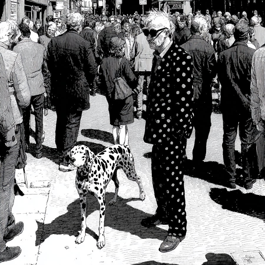 Monochrome crowd scene with eye-patch man and polka-dot strides