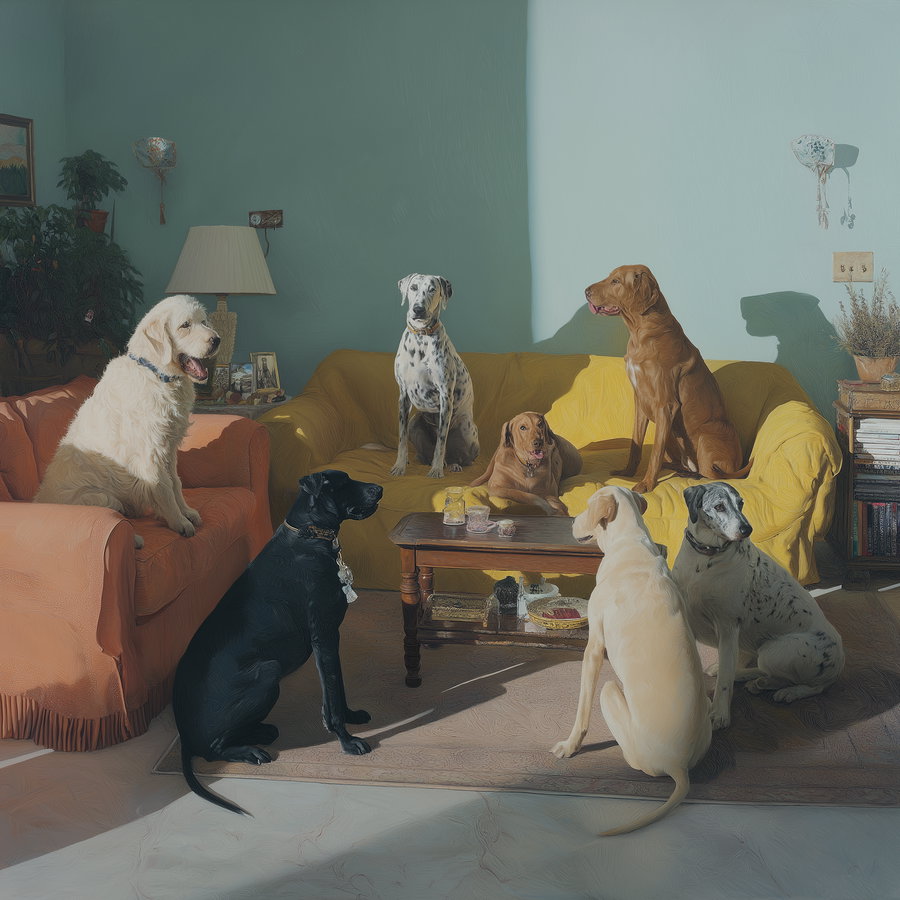 Six playful dogs chatting in a cozy living room