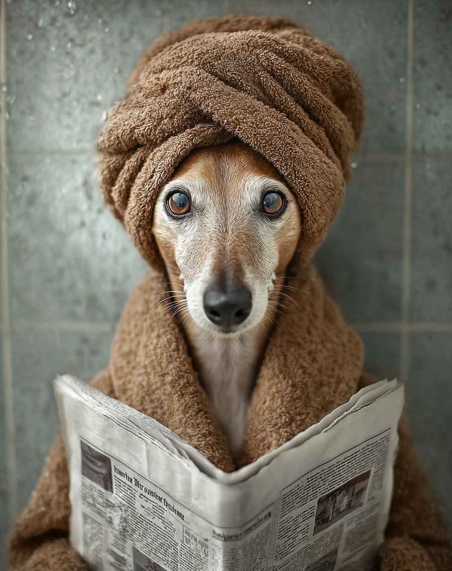 Cute dog in bathrobe reading newspaper in bathroom