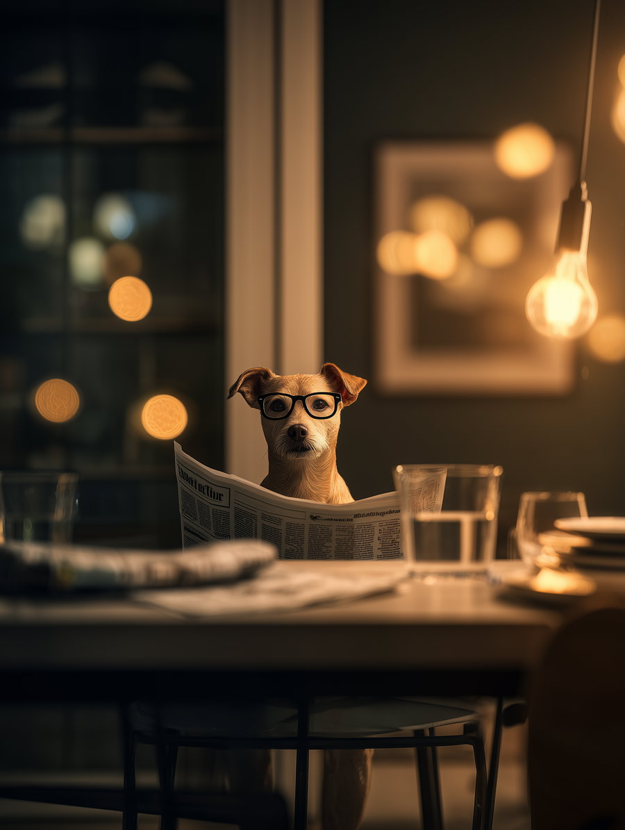 Dog wearing glasses reading newspaper at dining table