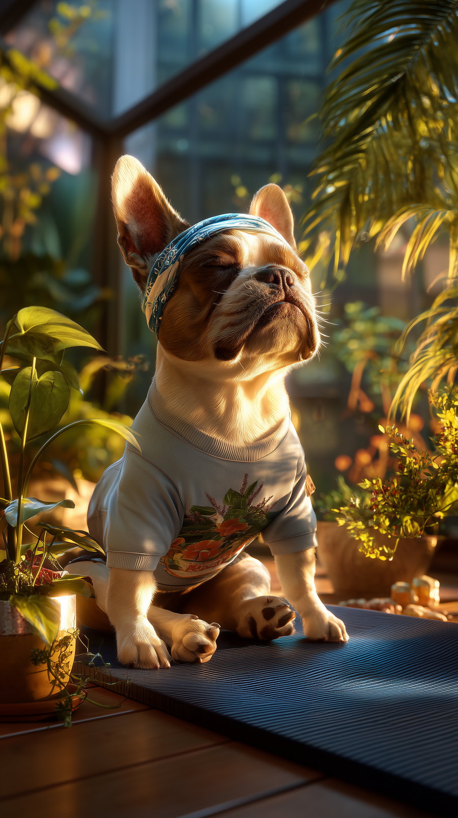 French bulldog in triangle yoga pose on balcony with plants