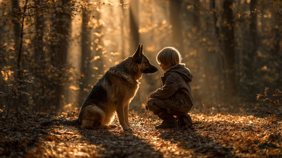 Boy kneeling in forest hugging pregnant German Shepherd softly