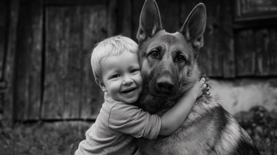 Smiling baby boy hugs German shepherd in vintage summer scene