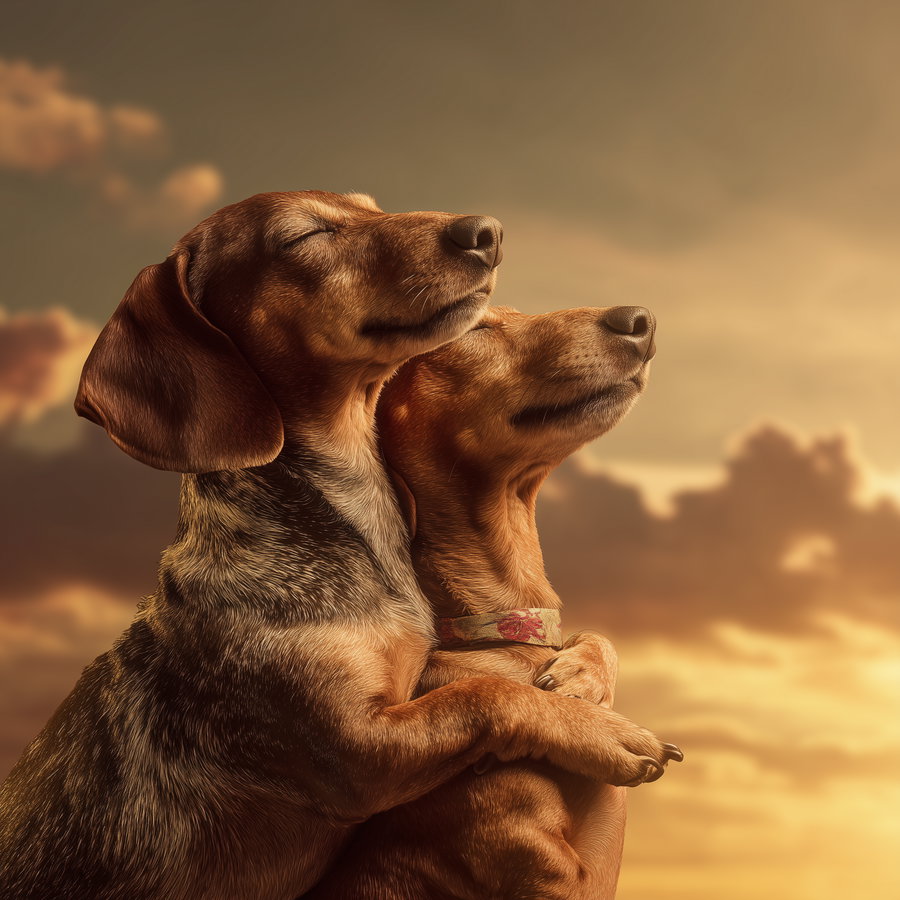 Two dachshunds hugging joyfully at golden sunset sky