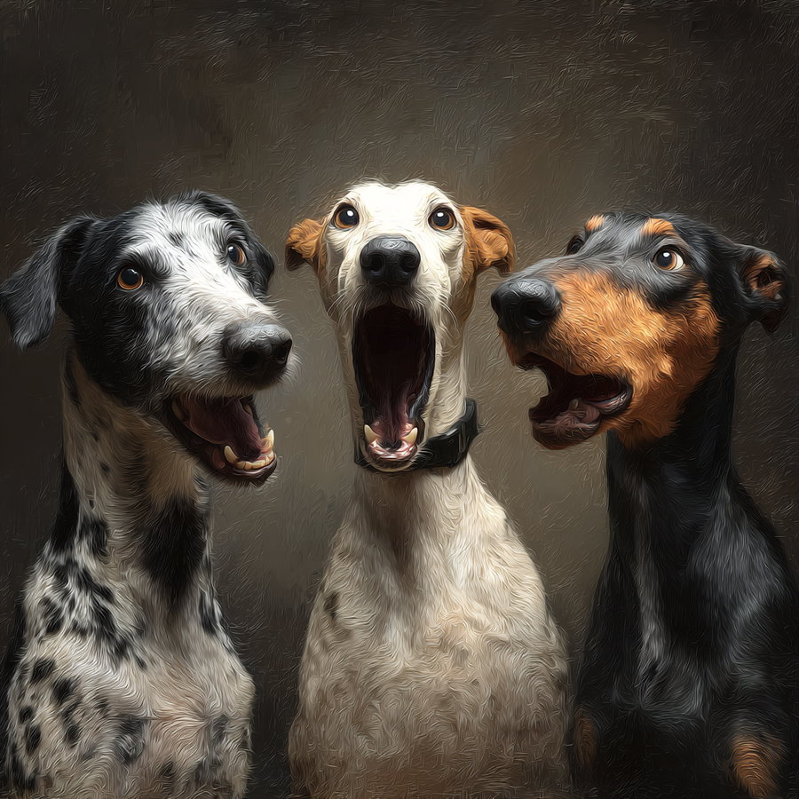 Three talking dogs sharing a lively conversation outdoors