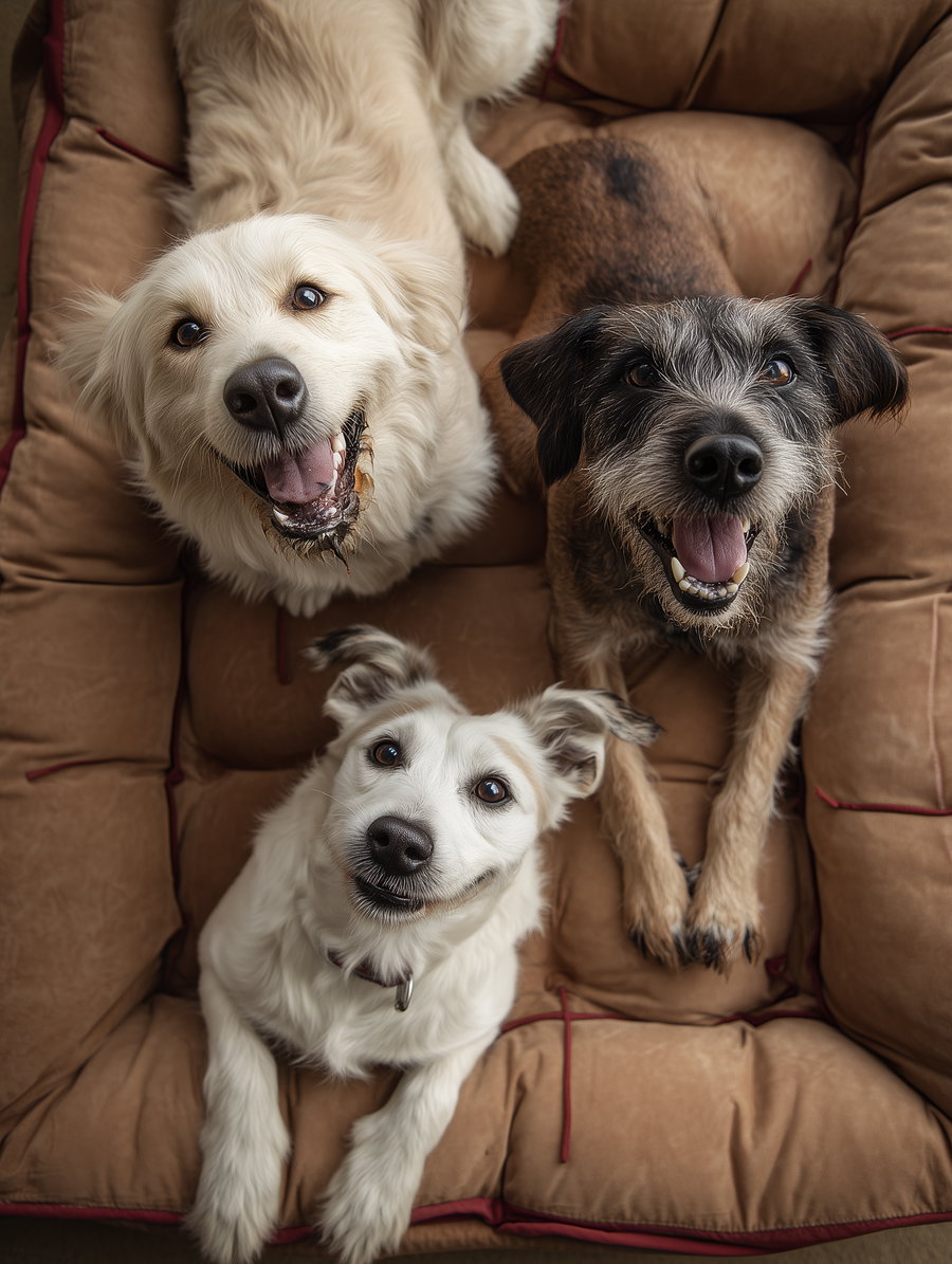 Aerial view of three happy dogs on soft cushion