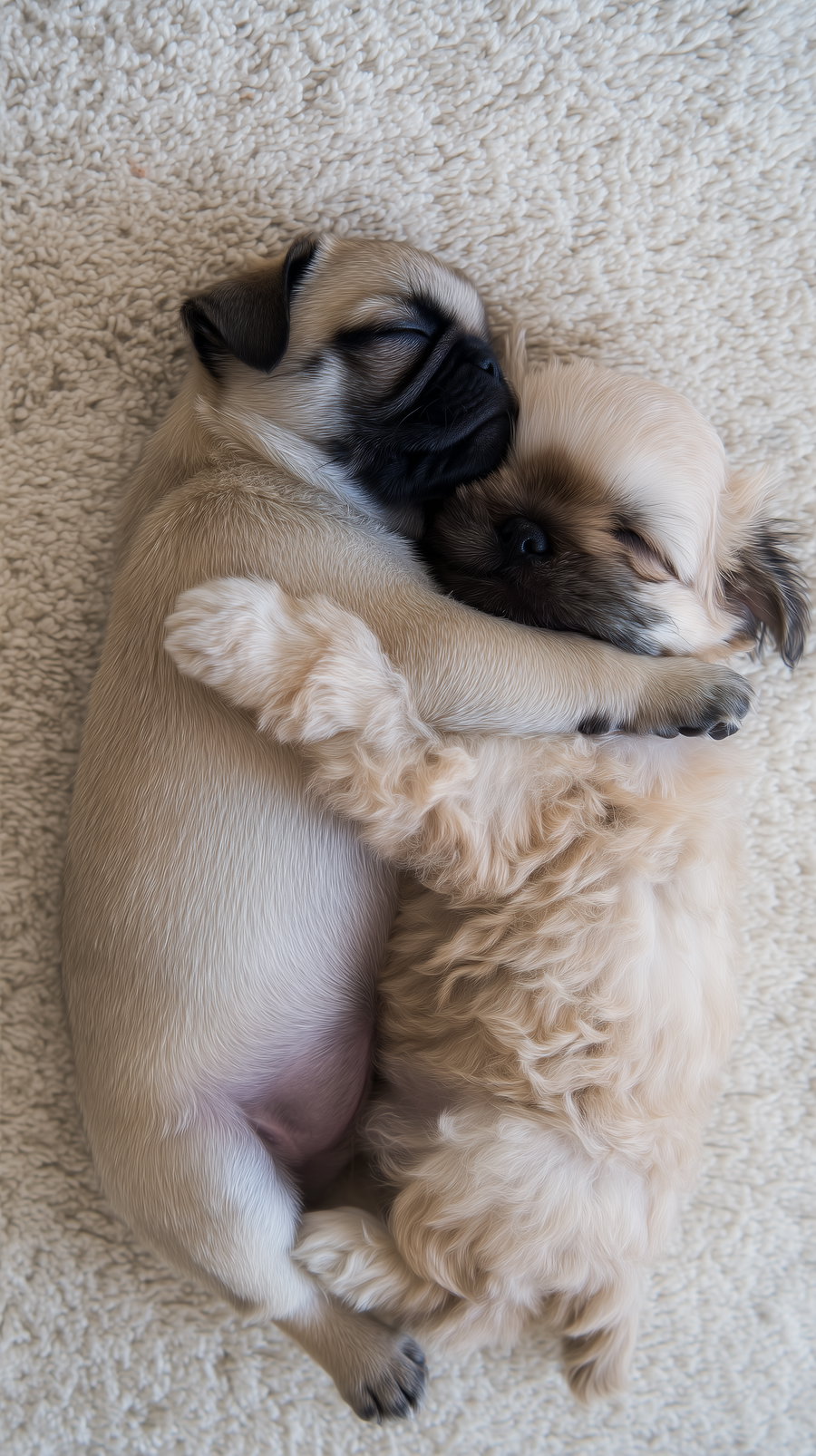 Two sleepy puppies cuddling, a pug and a Shih Tzu