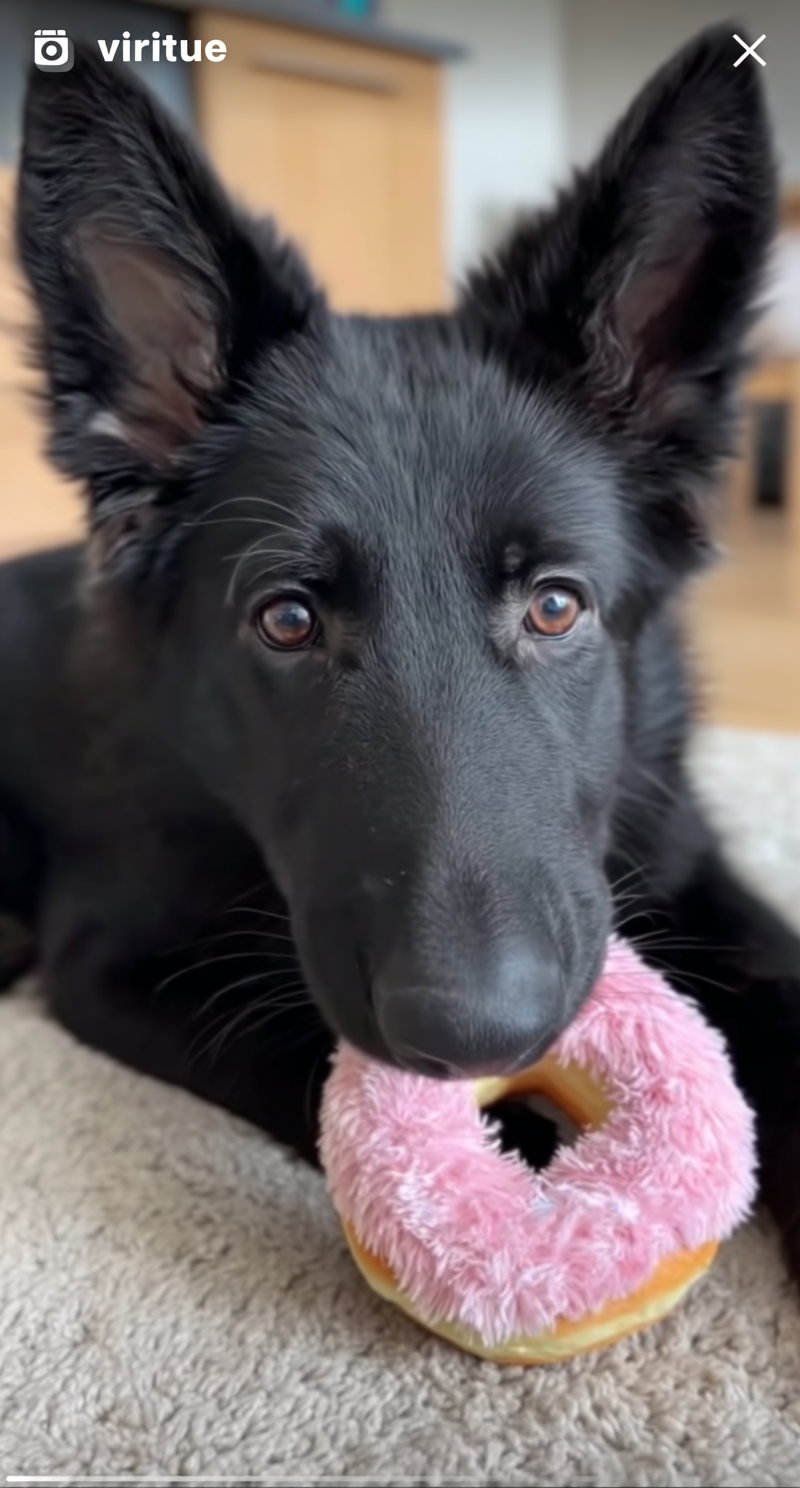 Black German shepherd puppy playing with colorful donut toy