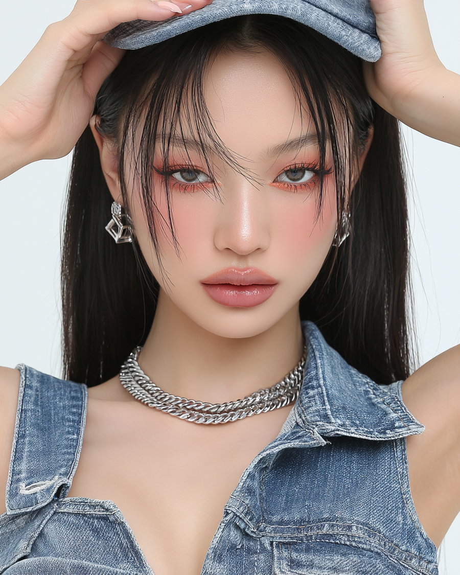 A woman wearing a denim cap and sleeveless denim top, with striking orange eyeshadow and glossy lips, accessorized with silver chain necklace and geometric earrings