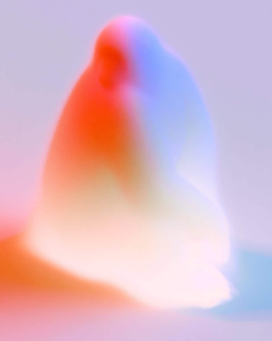 An abstract image with blurred, smooth gradient shapes in red, blue, and white hues blending into a light pastel background.