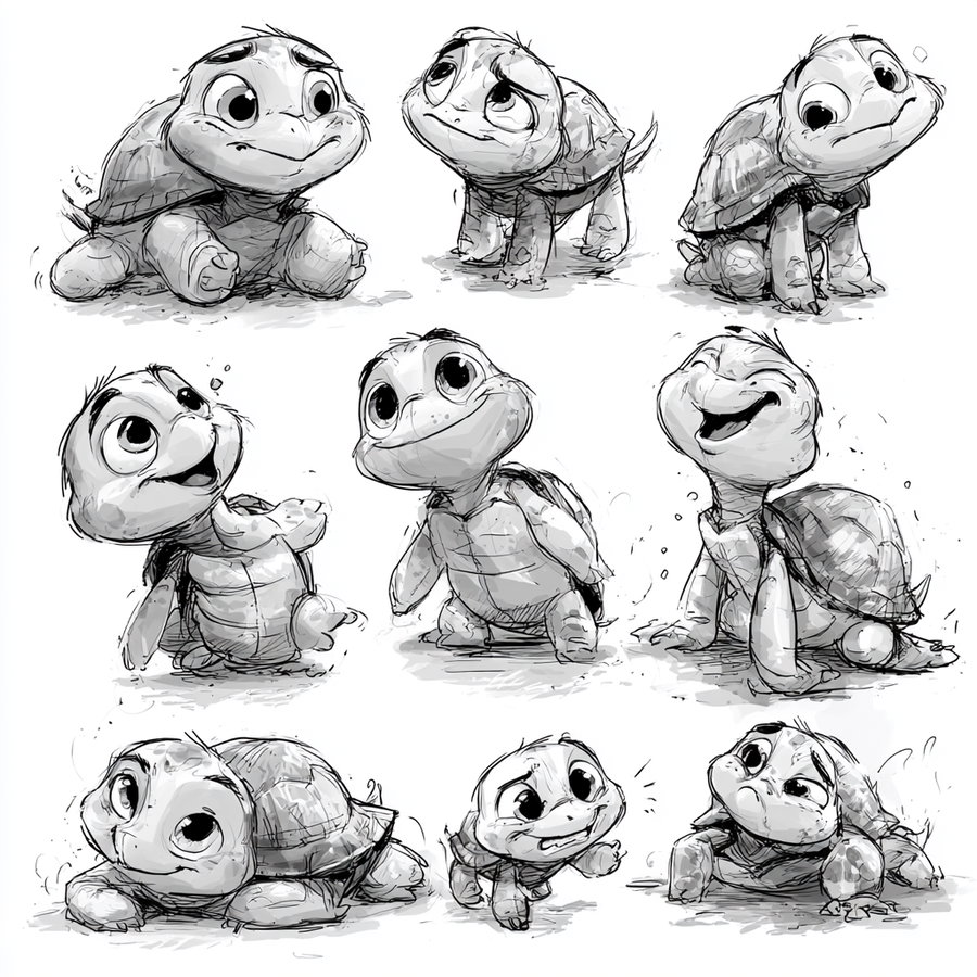 Black and white sketches of a baby turtle character in nine different poses and expressions, ranging from happy to curious to playful and relaxed.