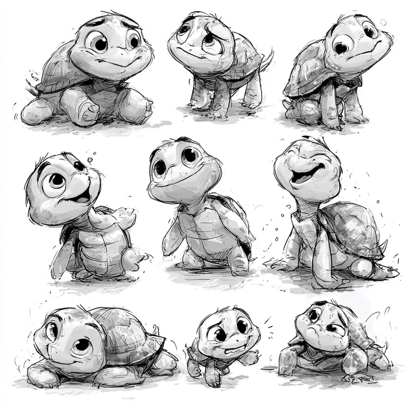 Various expressive sketches of an adorable baby turtle showing different emotions